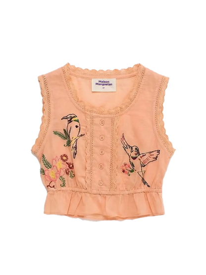 Birds Embroidered Ruffle Top Orange Maison Mangostan BEBE Concept 